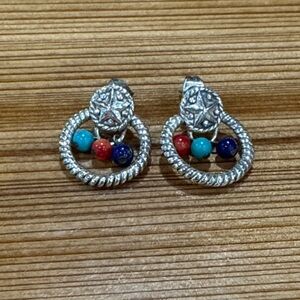 Silver Multi-Bead Hoop Stud Earrings - Turquoise, Red, Navy